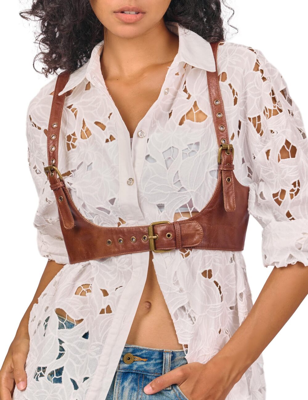8697 Harness Leather Waist Belt Steampunk Underbust Corset, Brown Medium